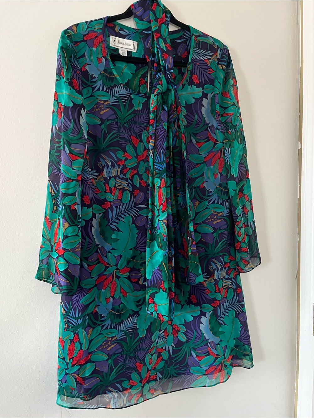 Vintage Neiman Marcus 100% Silk Green Blue Chiffon Floral Mini Dress 10 Tropical